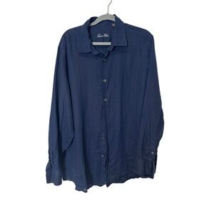 Men's XL Navy Indigo Blue Linen long sleeve shirt Classic Preppy Coastal XL